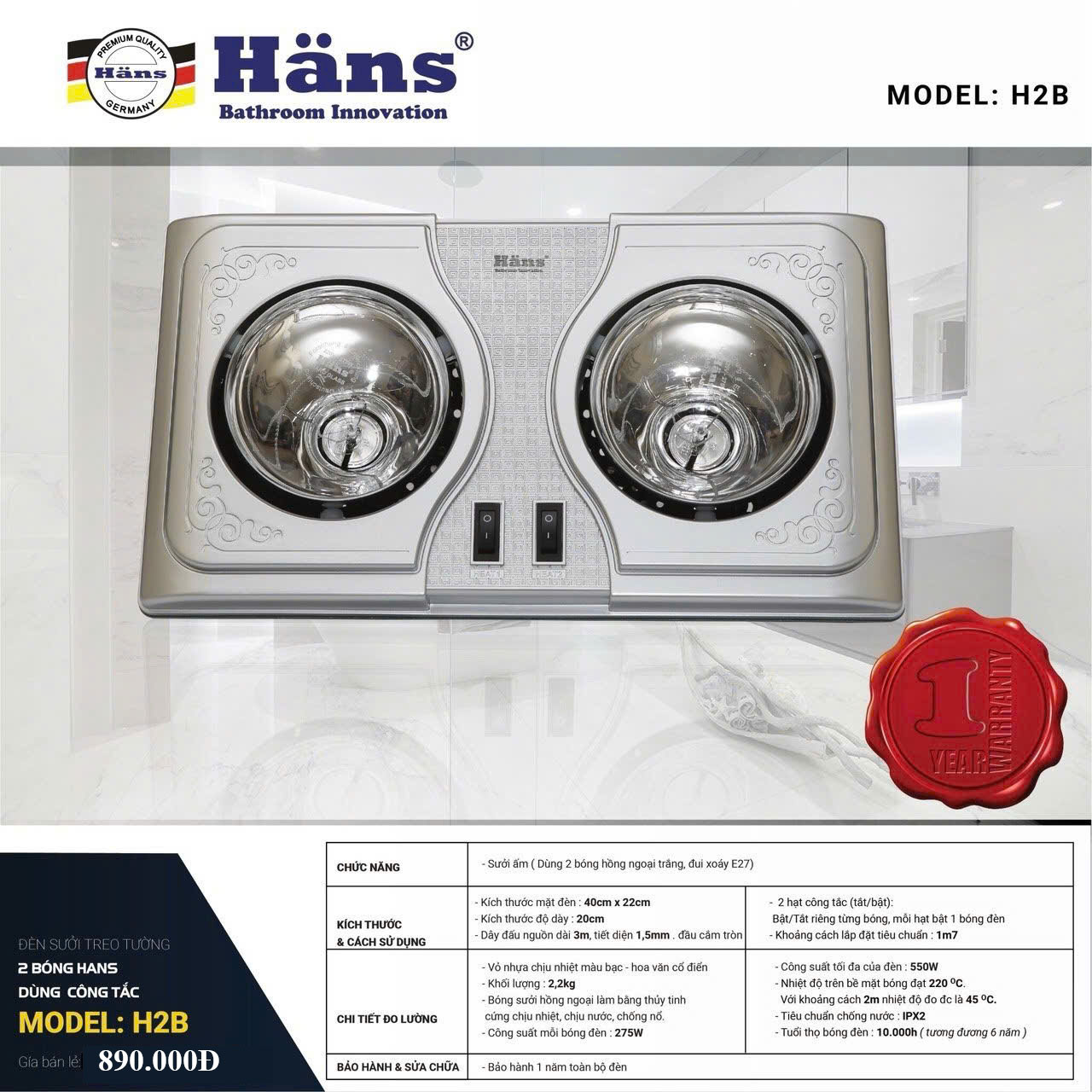 <span>ĐÈN SƯỞI HANS 2 BÓNG H2B-610
